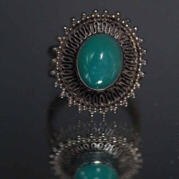 VINTAGE SILVER 950 CHRYSOPRASE SPLIT RING - Picture 3 of 5
